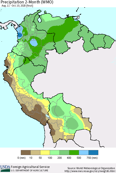 Northern South America Precipitation 2-Month (WMO) Thematic Map For 8/11/2020 - 10/10/2020