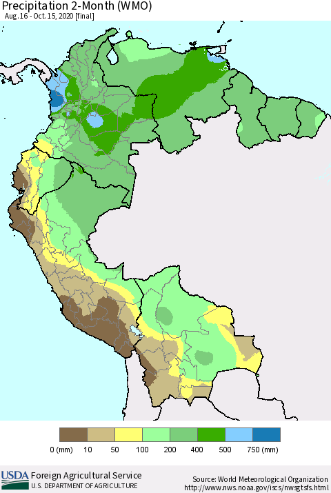 Northern South America Precipitation 2-Month (WMO) Thematic Map For 8/16/2020 - 10/15/2020