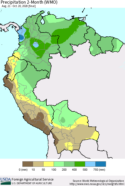 Northern South America Precipitation 2-Month (WMO) Thematic Map For 8/21/2020 - 10/20/2020