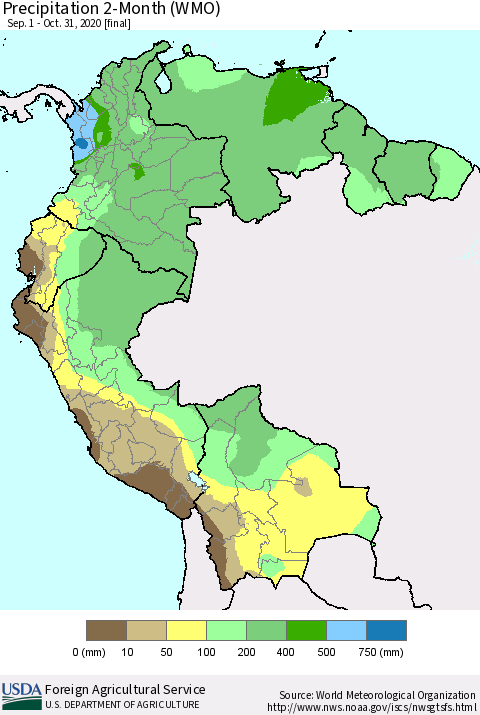 Northern South America Precipitation 2-Month (WMO) Thematic Map For 9/1/2020 - 10/31/2020