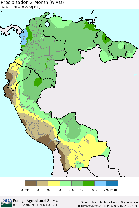 Northern South America Precipitation 2-Month (WMO) Thematic Map For 9/11/2020 - 11/10/2020