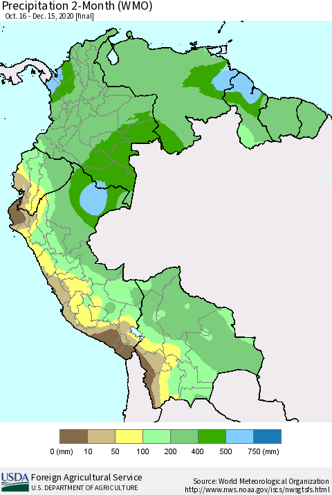 Northern South America Precipitation 2-Month (WMO) Thematic Map For 10/16/2020 - 12/15/2020