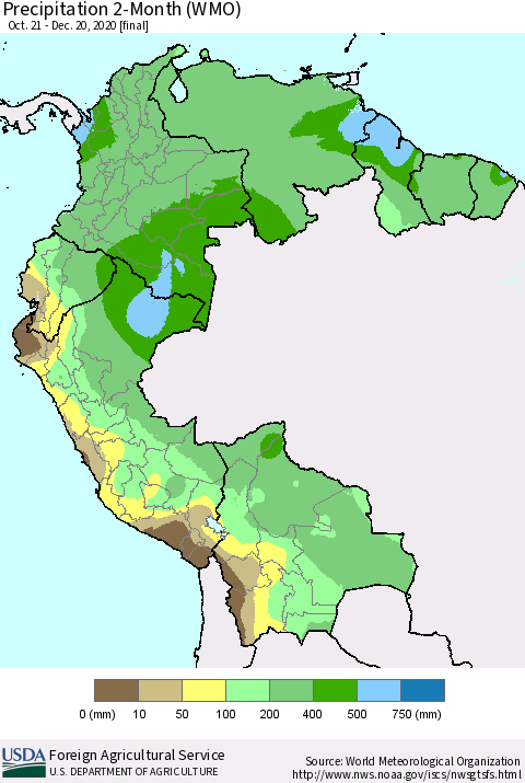 Northern South America Precipitation 2-Month (WMO) Thematic Map For 10/21/2020 - 12/20/2020