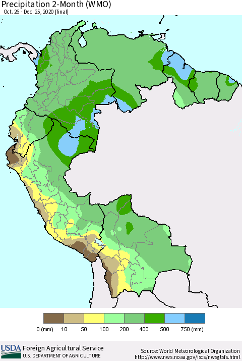 Northern South America Precipitation 2-Month (WMO) Thematic Map For 10/26/2020 - 12/25/2020