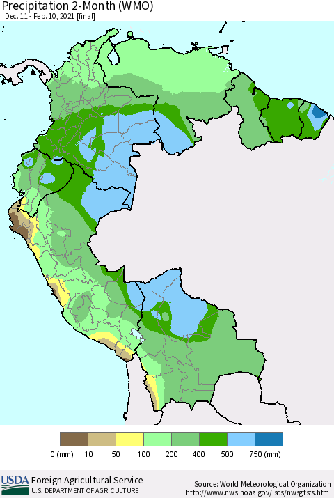 Northern South America Precipitation 2-Month (WMO) Thematic Map For 12/11/2020 - 2/10/2021