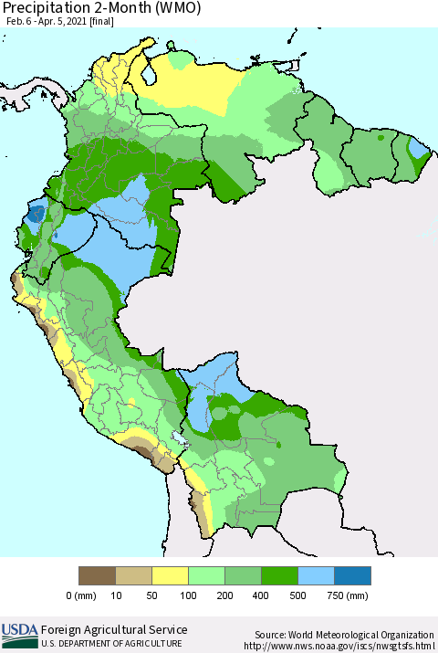 Northern South America Precipitation 2-Month (WMO) Thematic Map For 2/6/2021 - 4/5/2021
