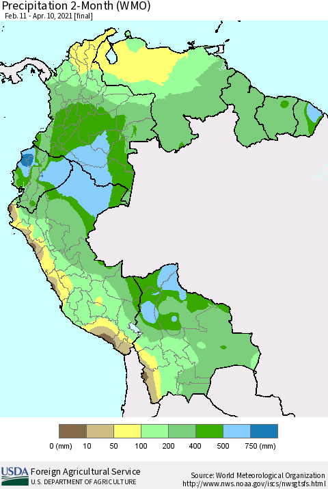Northern South America Precipitation 2-Month (WMO) Thematic Map For 2/11/2021 - 4/10/2021