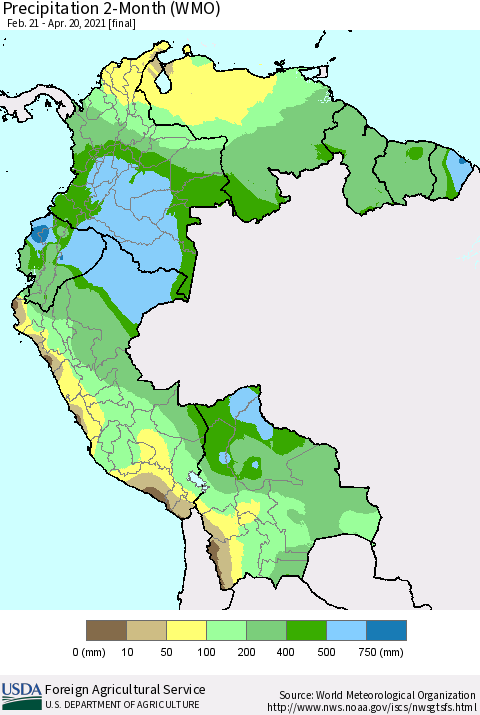 Northern South America Precipitation 2-Month (WMO) Thematic Map For 2/21/2021 - 4/20/2021