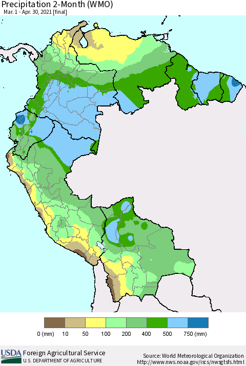 Northern South America Precipitation 2-Month (WMO) Thematic Map For 3/1/2021 - 4/30/2021