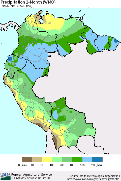 Northern South America Precipitation 2-Month (WMO) Thematic Map For 3/6/2021 - 5/5/2021