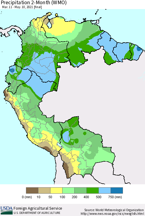 Northern South America Precipitation 2-Month (WMO) Thematic Map For 3/11/2021 - 5/10/2021