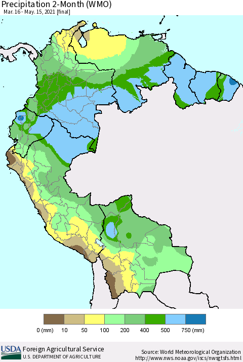 Northern South America Precipitation 2-Month (WMO) Thematic Map For 3/16/2021 - 5/15/2021