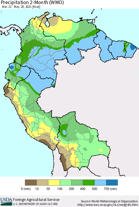 Northern South America Precipitation 2-Month (WMO) Thematic Map For 3/21/2021 - 5/20/2021