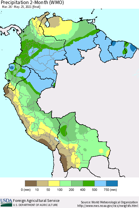 Northern South America Precipitation 2-Month (WMO) Thematic Map For 3/26/2021 - 5/25/2021
