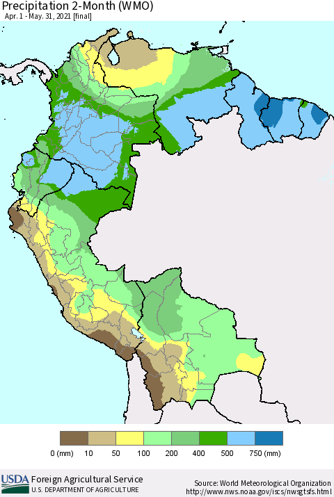 Northern South America Precipitation 2-Month (WMO) Thematic Map For 4/1/2021 - 5/31/2021