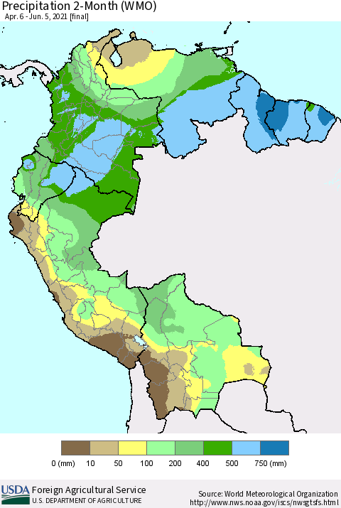 Northern South America Precipitation 2-Month (WMO) Thematic Map For 4/6/2021 - 6/5/2021