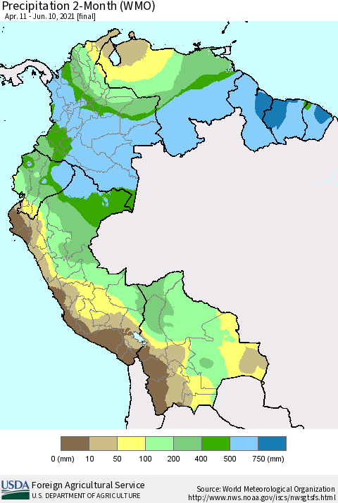 Northern South America Precipitation 2-Month (WMO) Thematic Map For 4/11/2021 - 6/10/2021
