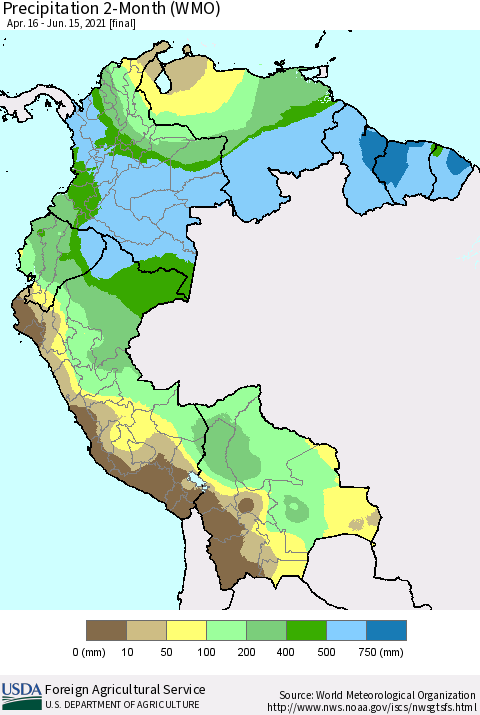Northern South America Precipitation 2-Month (WMO) Thematic Map For 4/16/2021 - 6/15/2021