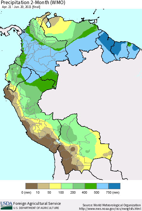 Northern South America Precipitation 2-Month (WMO) Thematic Map For 4/21/2021 - 6/20/2021