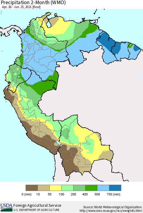 Northern South America Precipitation 2-Month (WMO) Thematic Map For 4/26/2021 - 6/25/2021