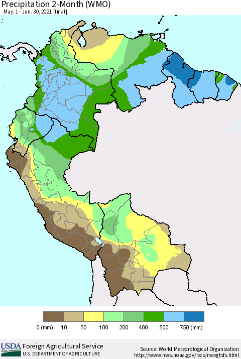 Northern South America Precipitation 2-Month (WMO) Thematic Map For 5/1/2021 - 6/30/2021