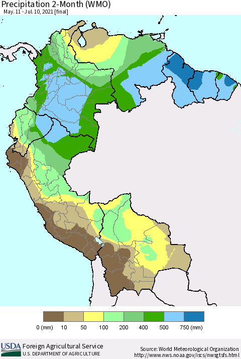 Northern South America Precipitation 2-Month (WMO) Thematic Map For 5/11/2021 - 7/10/2021