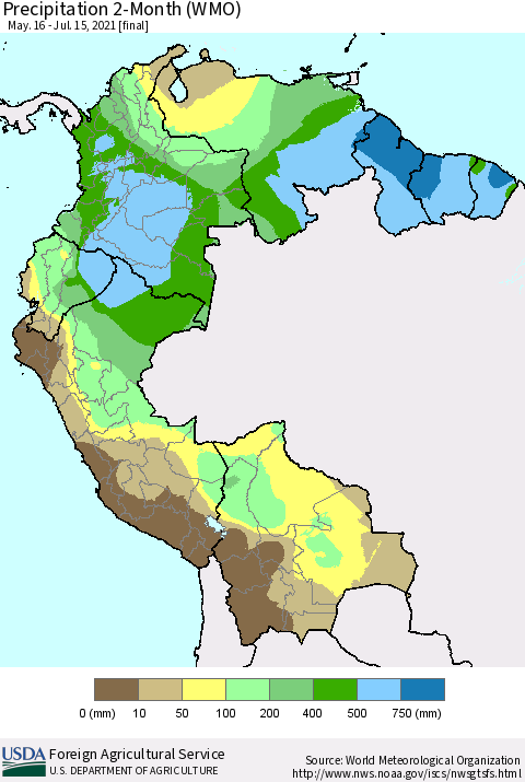 Northern South America Precipitation 2-Month (WMO) Thematic Map For 5/16/2021 - 7/15/2021