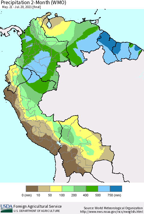 Northern South America Precipitation 2-Month (WMO) Thematic Map For 5/21/2021 - 7/20/2021