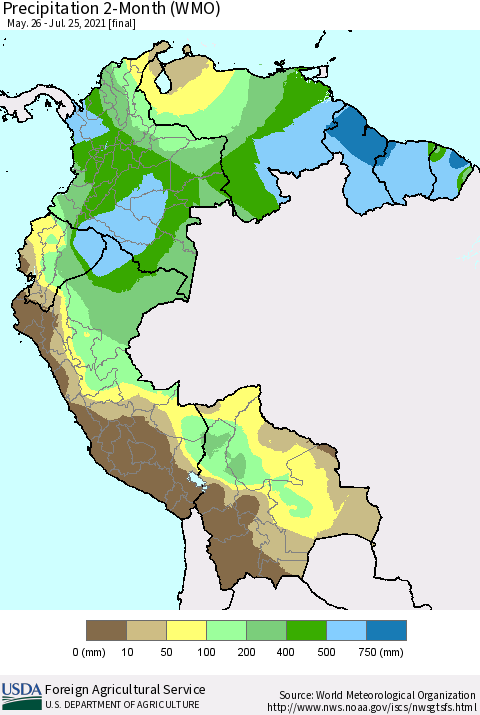 Northern South America Precipitation 2-Month (WMO) Thematic Map For 5/26/2021 - 7/25/2021