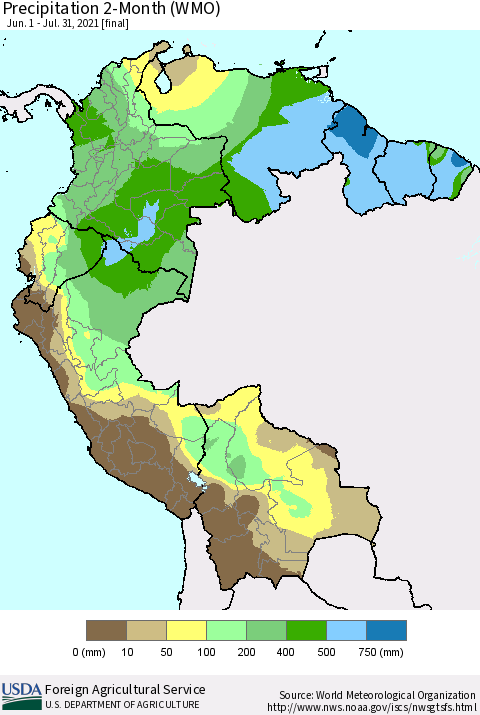 Northern South America Precipitation 2-Month (WMO) Thematic Map For 6/1/2021 - 7/31/2021