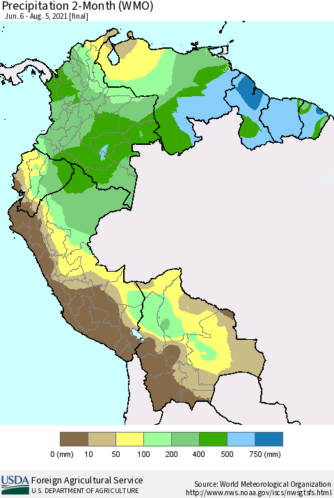 Northern South America Precipitation 2-Month (WMO) Thematic Map For 6/6/2021 - 8/5/2021