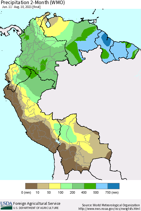 Northern South America Precipitation 2-Month (WMO) Thematic Map For 6/11/2021 - 8/10/2021
