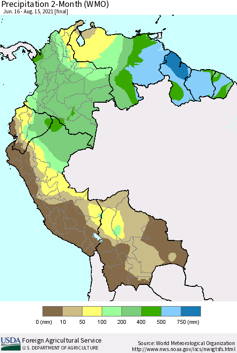 Northern South America Precipitation 2-Month (WMO) Thematic Map For 6/16/2021 - 8/15/2021