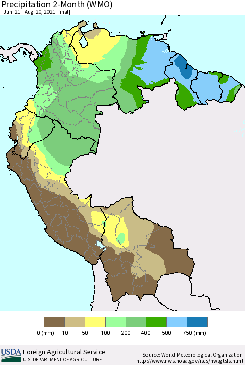 Northern South America Precipitation 2-Month (WMO) Thematic Map For 6/21/2021 - 8/20/2021