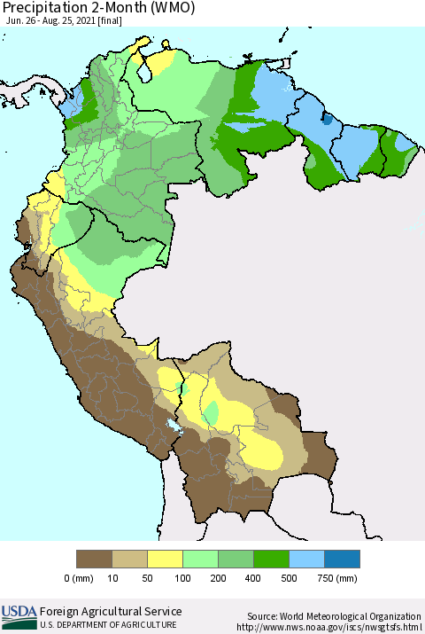 Northern South America Precipitation 2-Month (WMO) Thematic Map For 6/26/2021 - 8/25/2021