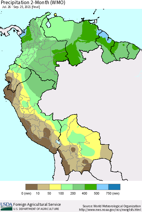 Northern South America Precipitation 2-Month (WMO) Thematic Map For 7/26/2021 - 9/25/2021