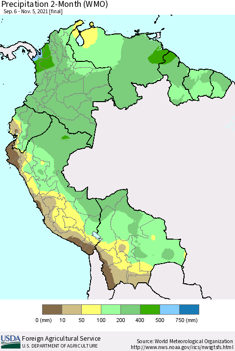 Northern South America Precipitation 2-Month (WMO) Thematic Map For 9/6/2021 - 11/5/2021