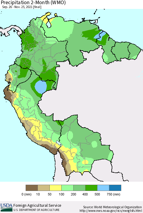 Northern South America Precipitation 2-Month (WMO) Thematic Map For 9/26/2021 - 11/25/2021