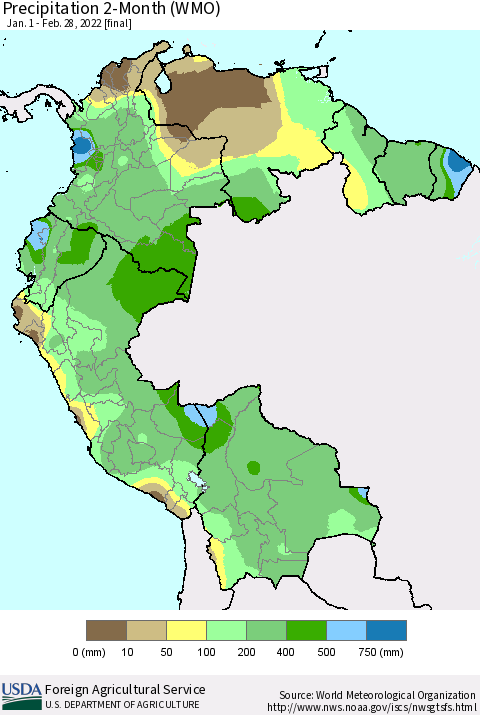 Northern South America Precipitation 2-Month (WMO) Thematic Map For 1/1/2022 - 2/28/2022