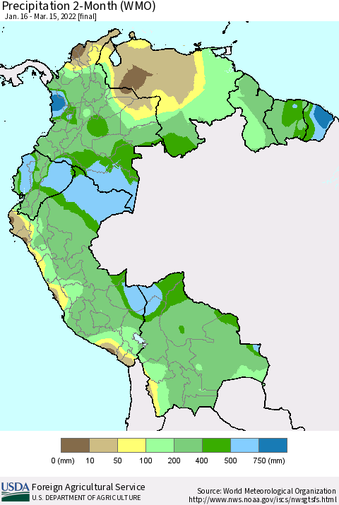 Northern South America Precipitation 2-Month (WMO) Thematic Map For 1/16/2022 - 3/15/2022
