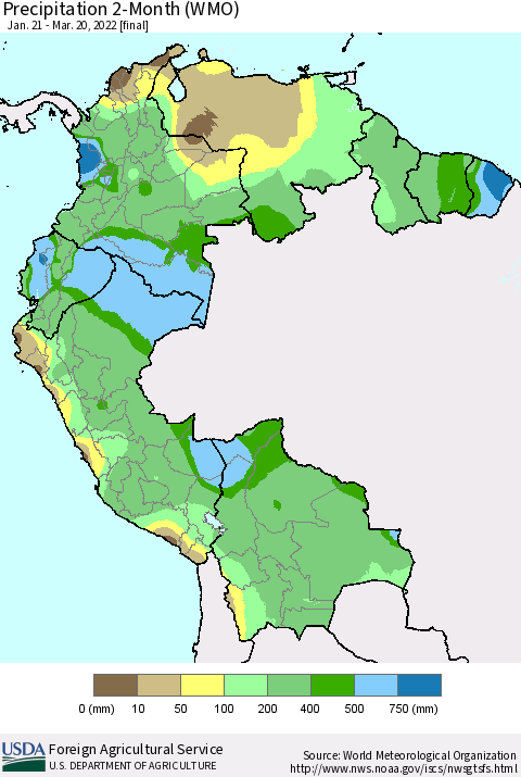 Northern South America Precipitation 2-Month (WMO) Thematic Map For 1/21/2022 - 3/20/2022