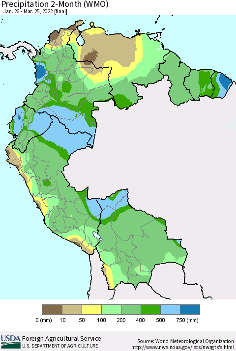 Northern South America Precipitation 2-Month (WMO) Thematic Map For 1/26/2022 - 3/25/2022