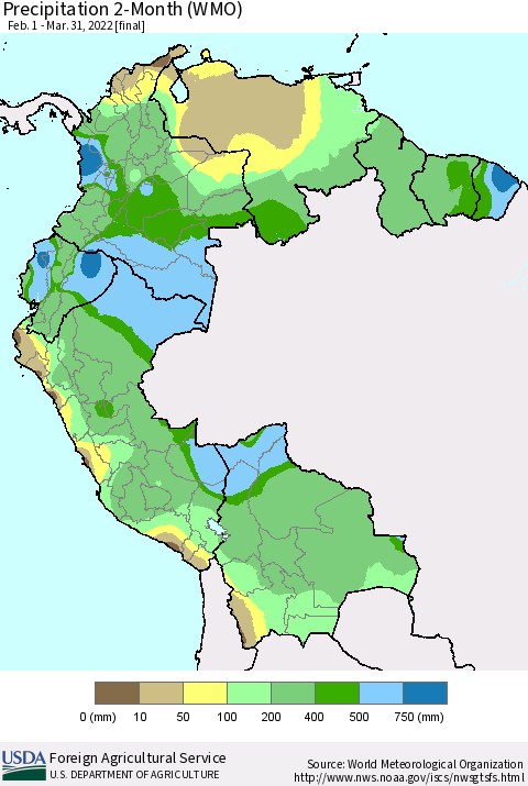 Northern South America Precipitation 2-Month (WMO) Thematic Map For 2/1/2022 - 3/31/2022