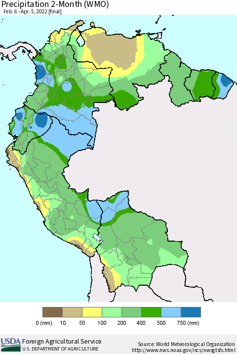 Northern South America Precipitation 2-Month (WMO) Thematic Map For 2/6/2022 - 4/5/2022