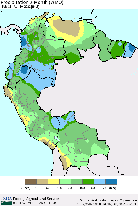 Northern South America Precipitation 2-Month (WMO) Thematic Map For 2/11/2022 - 4/10/2022