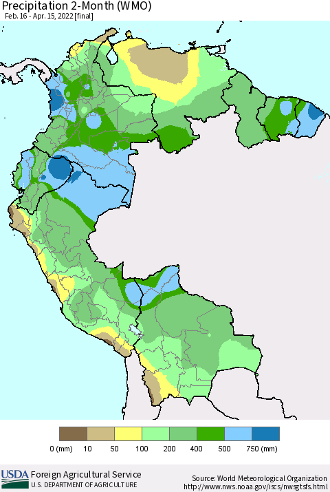 Northern South America Precipitation 2-Month (WMO) Thematic Map For 2/16/2022 - 4/15/2022