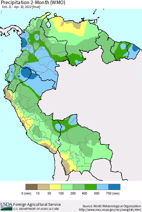 Northern South America Precipitation 2-Month (WMO) Thematic Map For 2/21/2022 - 4/20/2022
