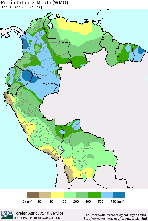 Northern South America Precipitation 2-Month (WMO) Thematic Map For 2/26/2022 - 4/25/2022