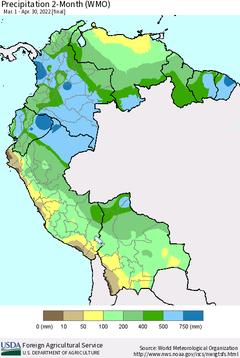 Northern South America Precipitation 2-Month (WMO) Thematic Map For 3/1/2022 - 4/30/2022