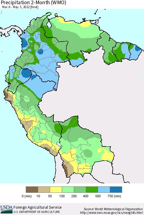 Northern South America Precipitation 2-Month (WMO) Thematic Map For 3/6/2022 - 5/5/2022